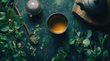 Experience a tranquil tea moment with a cup of herbal infusion surrounded by fresh leaves, a kettle, and a rustic wooden surface, evoking calm and simplicity.の素材