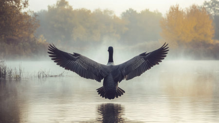 A majestic goose spreads its wings over a misty lake at dawn, capturing the serene beauty of wildlife in a tranquil setting with vibrant autumn colors.の素材