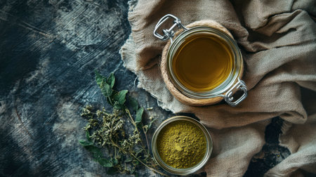 Capture the essence of nature with this image showcasing herbal oil and natural powder next to fresh green leaves, perfect for wellness, cooking, or beauty.の素材