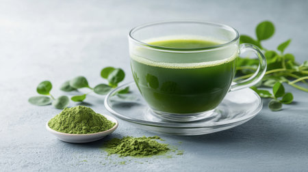 A vibrant cup of fresh matcha tea served with a side of green powder and leaves. This image captures the essence of health and wellness in a serene setting.の素材