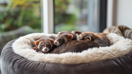 A heartwarming image of ferrets cuddled together in a soft pet bed, showcasing their comfort and companionship in a cozy indoor setting.の素材