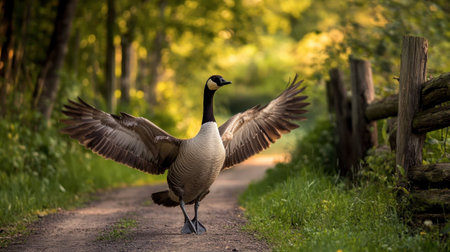 A stunning goose spreads its wings gracefully on a peaceful nature pathway, surrounded by lush greenery and soft light, capturing the essence of wildlife in motion.の素材