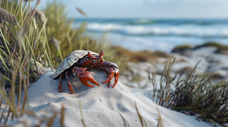 A striking hermit crab perches on sandy terrain, surrounded by beach grass, with gentle ocean waves in the background, showcasing vibrant coastal wildlife.の素材