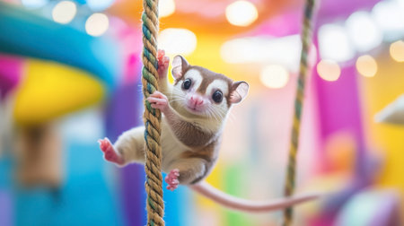 A playful sugar glider hangs on a rope, showcasing its charming expression against a vibrant and colorful backdrop. Perfect for animal lovers!の素材