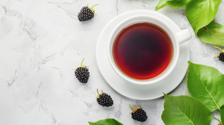 A cozy scene featuring a cup of black tea surrounded by fresh mulberries and vibrant green leaves on a marble surface. Ideal for wellness and lifestyle themes.の素材