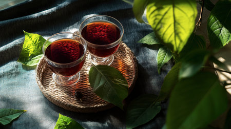 Two glass cups of herbal tea sit on a woven tray, surrounded by fresh green leaves. The sunlight casts a warm glow, creating a serene and inviting atmosphere.の素材