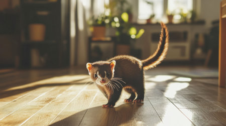 A curious ferret explores a sunlit room filled with green plants, showcasing its playful nature and charming personality in a cozy indoor environment.の素材