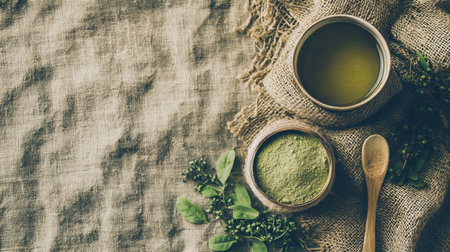 Discover a rustic scene featuring vibrant green powder, olive oil, and fresh herbs. Perfect for eco-friendly cooking and healthy culinary lifestyles.の素材