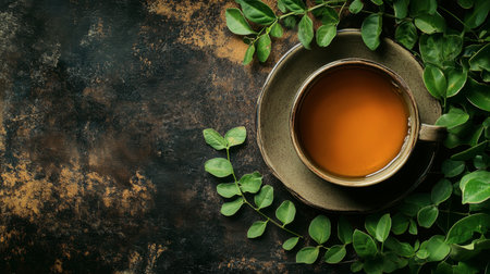 A peaceful still life image featuring a rustic cup of warm tea surrounded by fresh green leaves, creating a serene atmosphere perfect for relaxation and wellness.の素材