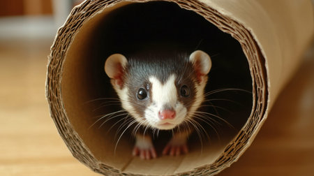 A charming ferret peeks out from a cardboard tube, showcasing its curious nature and playful personality. This delightful scene captures the essence of domestic wildlife in a cozy home setting.の素材