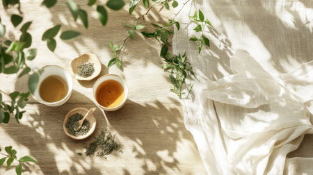 A serene arrangement featuring herbal tea in cups, fresh leaves, and natural textures. Ideal for wellness, relaxation, and organic lifestyle themes.の素材