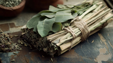 A beautifully arranged bundle of fresh green herbs showcasing the richness of nature. Perfect for culinary uses, home decor, or wellness practices.の素材