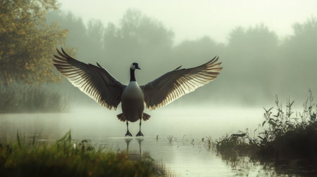 A stunning swan stands gracefully in a misty lake at dawn, spreading its wings. The serene landscape captures the beauty of nature and wildlife at sunrise.の素材