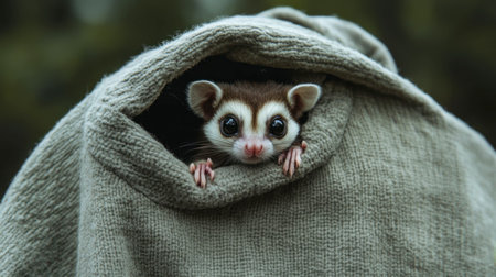 A curious sugar glider peeks from a soft fabric, showcasing its adorable features in a natural setting. The image captures a moment of intrigue and charm.の素材