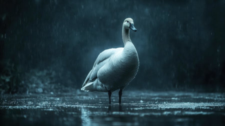 A solitary swan stands gracefully in the rain, creating a serene atmosphere on the calm water surface during dusk. The tranquil scene highlights nature's beauty.の素材