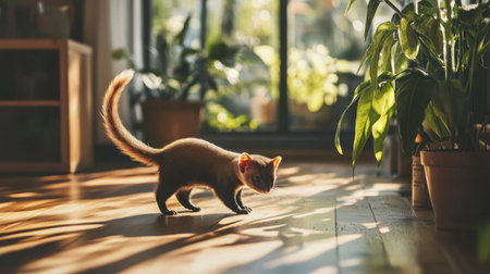 A curious animal explores a sunlit indoor space, surrounded by lush plants. The warm tones and soft lighting create a serene atmosphere of joy and tranquility.の素材