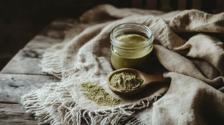 This image features a jar of green powder elegantly placed on a rustic table with a wooden spoon. The earthy tones and natural textures create a serene vibe perfect for wellness and cooking themes.の素材