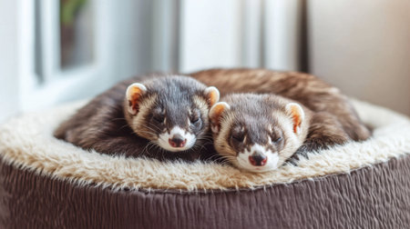 Two adorable ferrets are peacefully sleeping together on a cozy pet bed, showcasing their soft fur and affectionate nature. A heartwarming scene of companionship.の素材