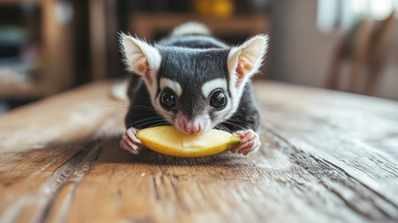 A charming sugar glider enjoys a slice of fresh fruit while resting on a wooden table. Its curious eyes and playful demeanor create a delightful scene perfect for animal lovers.の素材