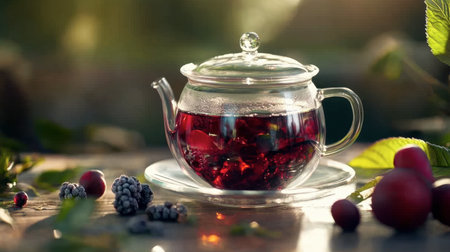 A beautiful glass teapot filled with berry tea sits on a rustic wooden table surrounded by berries and leaves, creating a cozy and vibrant outdoor setting.の素材