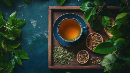A tranquil display featuring a cup of herbal tea surrounded by fresh leaves and natural ingredients. Ideal for wellness and relaxation themes.の素材