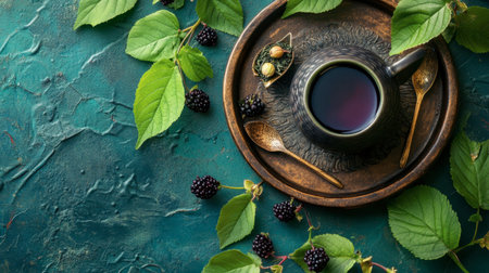 A charming rustic tea set featuring a cup surrounded by fresh blackberries and vibrant leaves, perfect for natural and healthy beverage themes.の素材