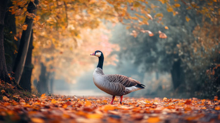A serene goose stands on a pathway covered in autumn leaves, surrounded by vibrant foliage. This image captures the beauty of wildlife in a peaceful rural setting.の素材
