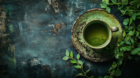 A serene composition featuring green tea in a rustic cup, enhanced by fresh leaves, set against a dark textured surface for a calming, natural ambiance.の素材
