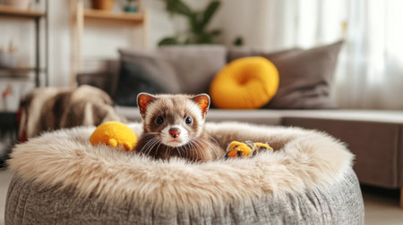 A charming ferret relaxes in a plush bed surrounded by colorful toys. The cozy setting features natural light, creating a warm atmosphere for pet lovers.の素材