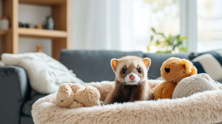 A charming ferret relaxes in a plush bed surrounded by soft toys. This scene captures the warmth of home and the joyful essence of pet companionship.の素材