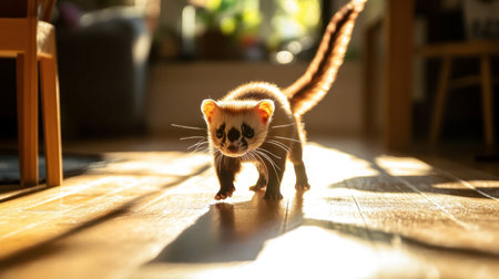 A charming small animal explores a wooden floor, illuminated by soft morning light. Its playful nature and curious expression create a warm, inviting atmosphere indoors.の素材