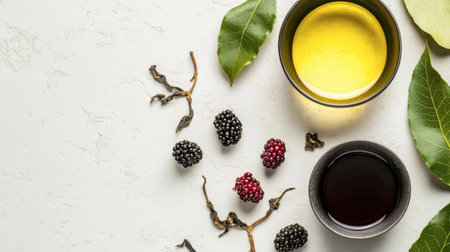 A stunning arrangement featuring fresh berries, olive oil, and vibrant leaves on a white background. Ideal for healthy lifestyle and culinary themes.の素材