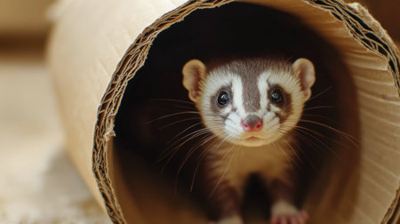 A playful ferret peeks out from a cardboard tube, showcasing its curious nature. This adorable mammal exudes charm and personality in a bright, inviting setting.の素材
