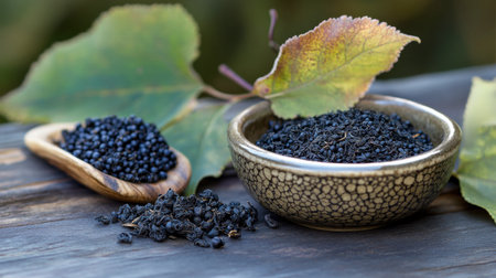 A beautiful arrangement of black seeds in a decorative bowl, with green leaves nearby. This image showcases the essence of natural ingredients for culinary and health purposes.の素材