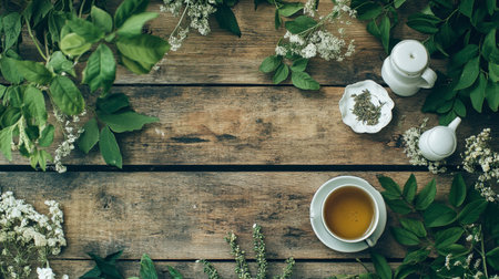 A serene tea scene showcasing a cup of herbal tea surrounded by fresh herbs and flowers on a rustic wooden table, promoting relaxation and mindfulness.の素材