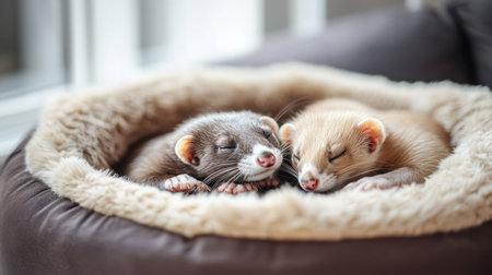 Two adorable ferrets sleep peacefully together in a soft pet bed, showcasing their cozy bond and charming features. Perfect for animal lovers and pet enthusiasts.の素材
