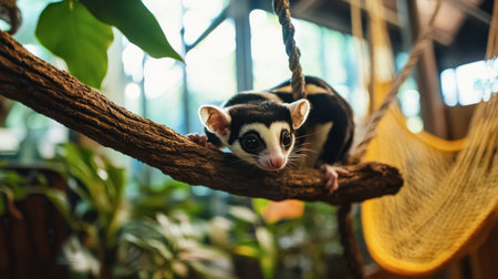 A charming sugar glider perches on a tree branch, surrounded by tropical greenery. Its expressive eyes and soft fur showcase the beauty of wildlife in a vibrant habitat.の素材
