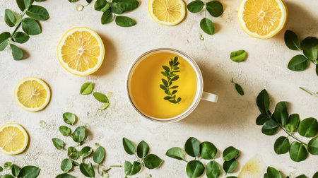 Vibrant cup of herbal tea with fresh lemon slices and green leaves, creating a refreshing and calming atmosphere perfect for relaxation and wellness.の素材