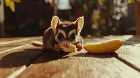 A cute sugar glider enjoying a banana slice on a wooden table, capturing a warm and joyful moment in natural light, perfect for animal lovers and pet enthusiasts.の素材