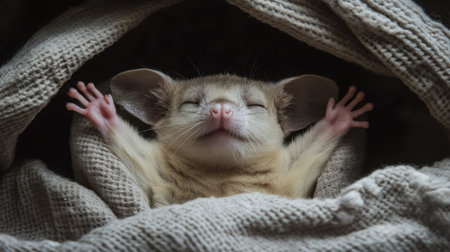 A charming close-up of a sleeping pet rodent with eyes closed and paws up, cozily nestled in soft fabric, showcasing serenity and tranquility in nature.の素材