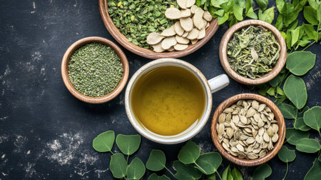 Explore the vibrant world of herbal ingredients and tea preparation with this beautiful arrangement of fresh green leaves and natural elements, perfect for promoting wellness.の素材