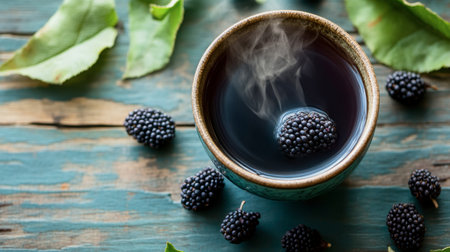 A steaming cup of herbal tea surrounded by fresh blackberries and green leaves. Perfect for creating a soothing and natural ambiance in any cozy setting.の素材