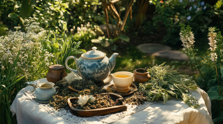 Explore a serene setup featuring an antique teapot alongside fresh herbs and herbal teas in a tranquil garden setting, perfect for relaxation and rejuvenation.の素材