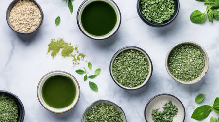 Explore a vibrant arrangement of natural green ingredients ideal for healthy cooking. Perfect for recipes focusing on wellness and nutrition, these fresh herbs and powders enhance culinary delights.の素材