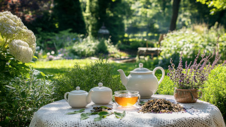 A peaceful outdoor scene featuring a teapot and herbal ingredients on a table. Surrounded by lush greenery, this setup invites relaxation and enjoyment of nature.の素材