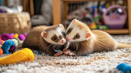 Two adorable ferrets share a moment of affection among colorful toys in a cozy indoor setting. Their playful demeanor brings joy to any space.の素材