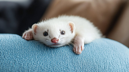 This adorable white ferret is lounging comfortably on a soft pastel couch, showcasing its playful charm and innocence, perfect for animal lovers and pet enthusiasts.の素材