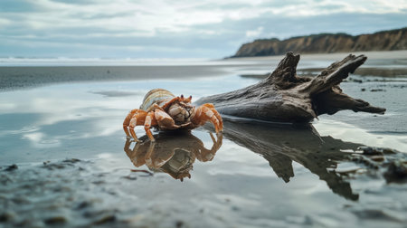 A hermit crab rests on a beach, reflecting in a tide pool near driftwood. The scene captures natural beauty, showcasing marine life and coastal serenity.の素材