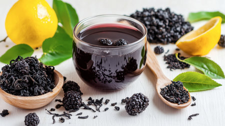A vibrant glass of blackcurrant juice surrounded by fresh lemons and dried blackcurrants. Perfect for refreshing drinks and healthy recipes.の素材