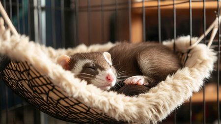 A charming ferret is peacefully sleeping in a cozy hammock, showcasing its adorable features. This scene captures the essence of relaxation in a pet's home.の素材